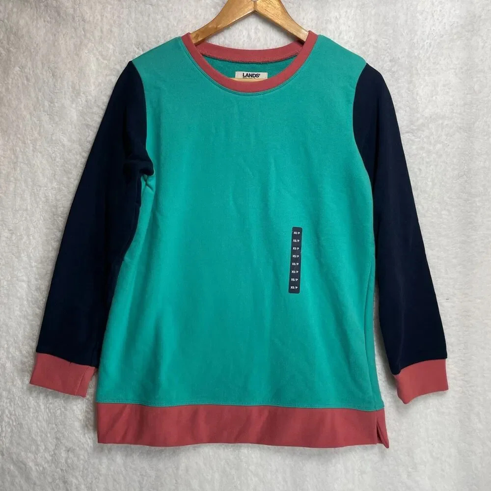 LANDS' END Women's‎ Seafoam Teal Pink Navy Colorblock Sweatshirt Size XS P NWT